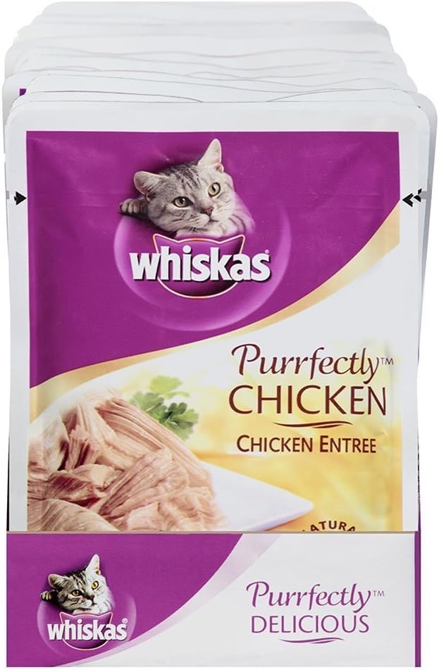 Whiskas Purrfectly Chicken Wet Cat Food Pouches, 3 oz, 24 count | Real chicken in natural juices, natural ingredients, flake texture, nutritionally complete for adult cats, Flavor-Lock Pouch
