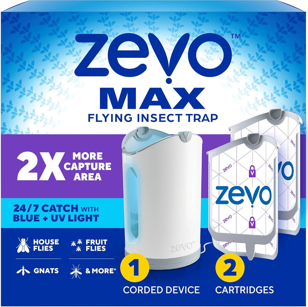 Zevo MAX Bug Catcher and Gnat & Fruit Fly Trap Indoors, 1 Base & 2 Refills | Fits 2x More Bugs Than Original Zevo Trap, Catches House Flies, Gnats & Fruit Flies 24/7, Blue & UV Light, No Insecticides