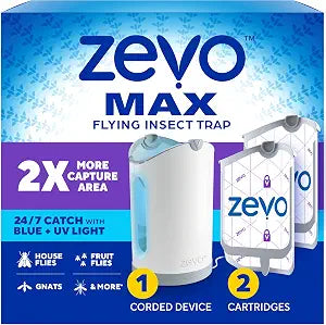 Zevo MAX Bug Catcher and Gnat & Fruit Fly Trap Indoors, 1 Base & 2 Refills | Fits 2x More Bugs Than Original Zevo Trap, Catches House Flies, Gnats & Fruit Flies 24/7, Blue & UV Light, No Insecticides