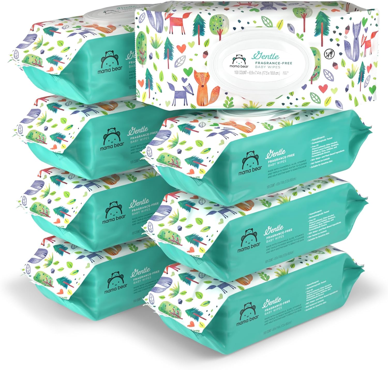 Amazon Brand - Mama Bear Gentle Formulated without Fragrance Baby Wipes, Hypoallergenic, Sensitive Skin, Unscented, 800 Count (8 Packs of 100)