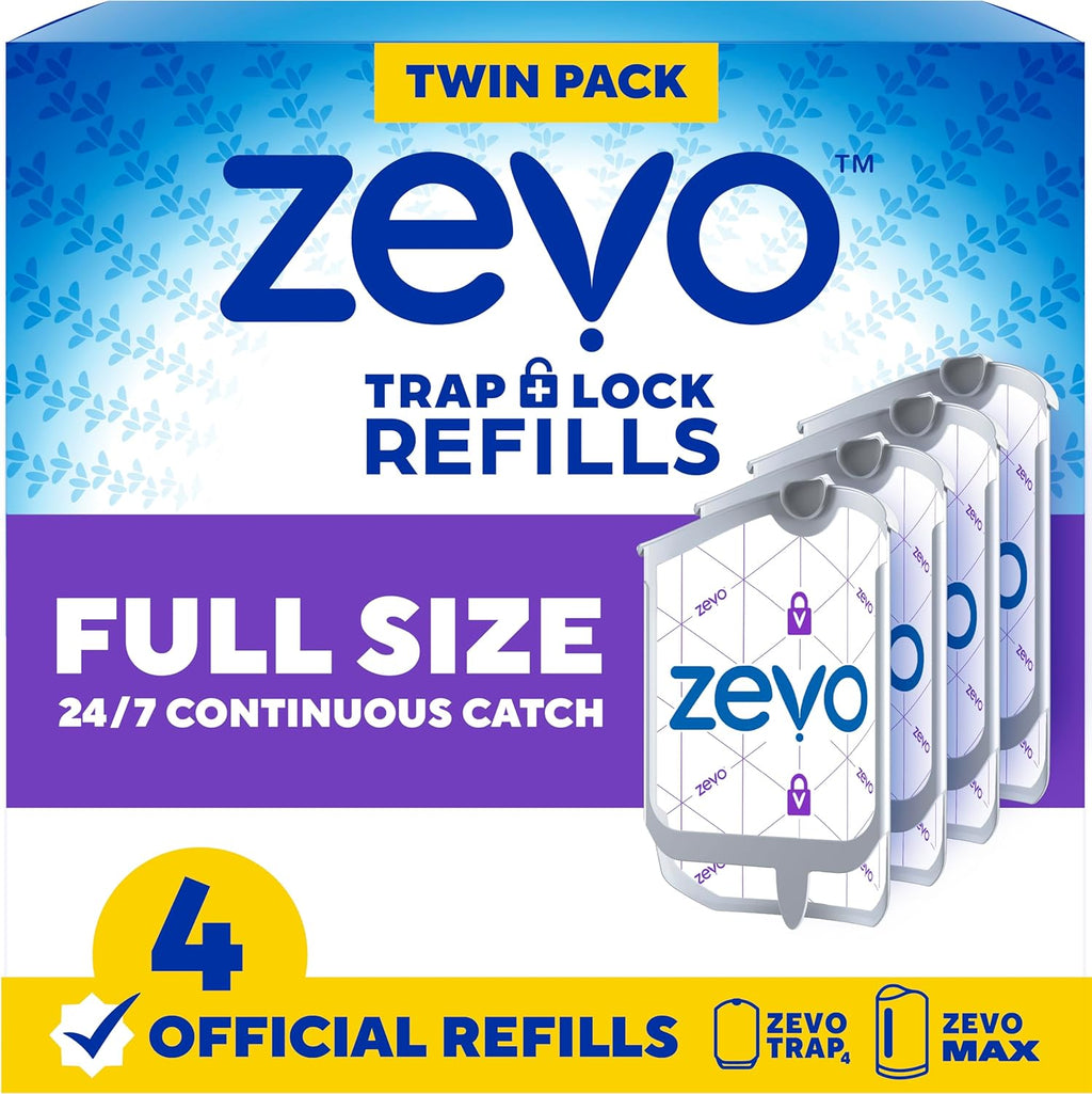 Zevo Flying Insect Trap Refill Cartridges for Fruit Flies & Gnats, 4 Count | Fits Zevo MAX & Zevo Flying Insect Trap, Catches House Flies, Gnats & Fruit Flies 24/7, No Added Fragrance or Dyes