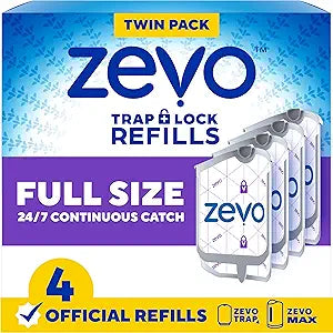 Zevo Flying Insect Trap Refill Cartridges for Fruit Flies & Gnats, 4 Count | Fits Zevo MAX & Zevo Flying Insect Trap, Catches House Flies, Gnats & Fruit Flies 24/7, No Added Fragrance or Dyes